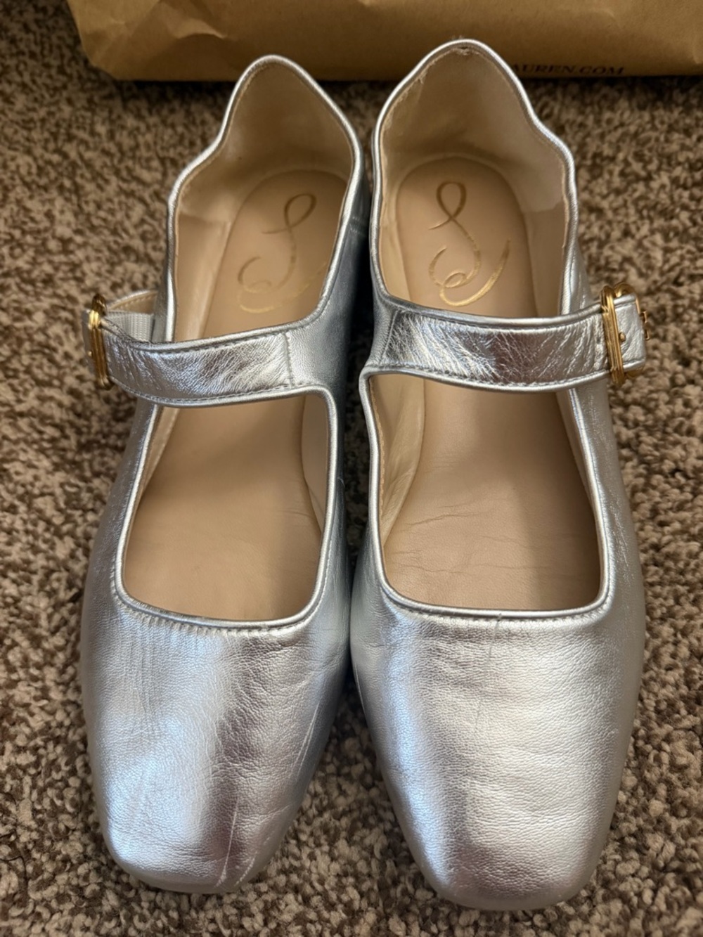 Sam Edelman Silver Mary Jane Flats with Logo on Buckle Strap